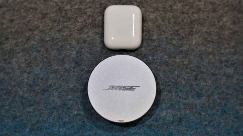 That charging case is quite large compared to Apple’s AirPods case. Though only one is meant to fit in your pocket.
